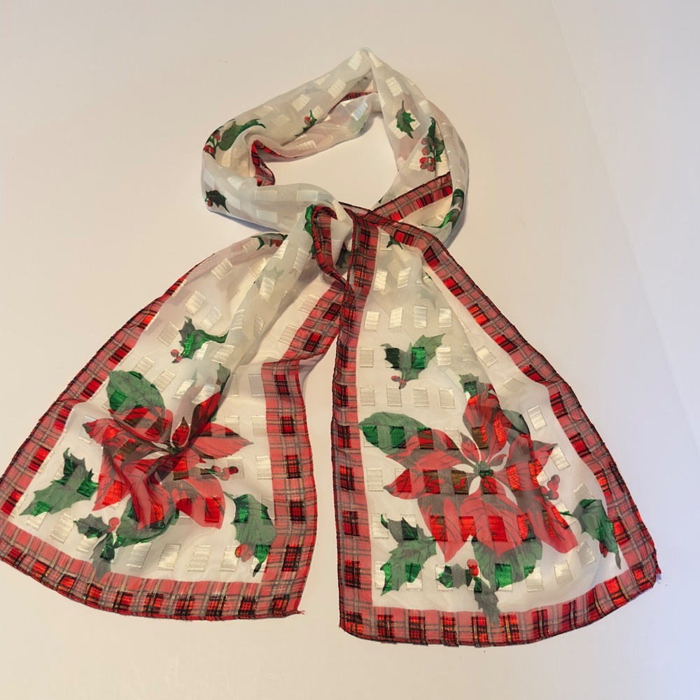 Poinsettia Holly Scarf White Red Plaid Festive Christmas Vintage OS Holiday 61x9